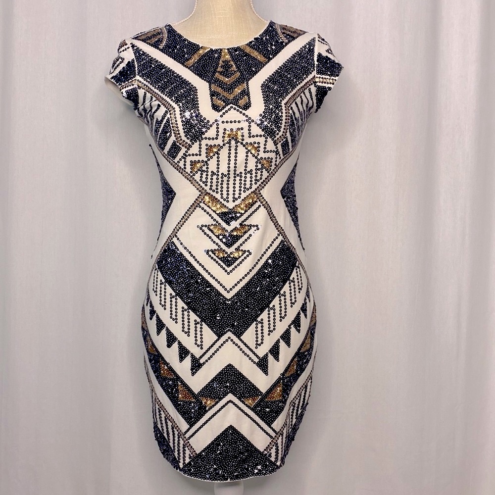 EXPRESS Gold Black Sequin Mini Dress Size XS